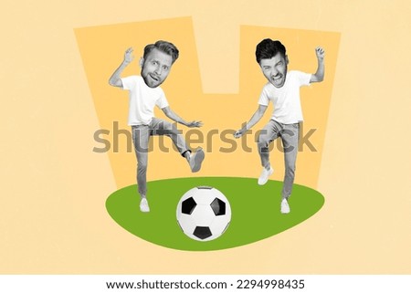 Creative billboard collage soccer clothes shop two men playing together punching ball green field sketch isolated on beige background