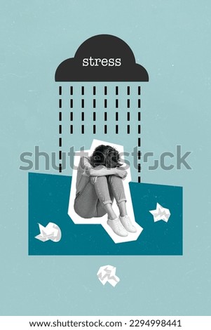 Creative vertical photo of young girl stress crying woman overworked problems society pressure cloud raindrops isolated on blue background