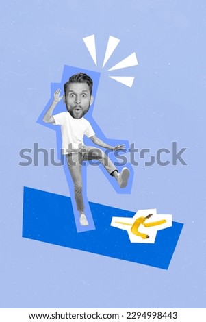 Template magazine image collage of funky careless man walking slip banana skin falling down