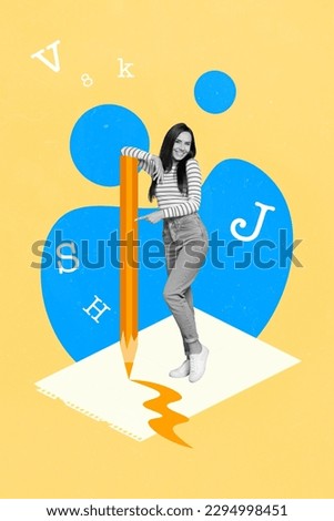 Creative template banner collage of high school lady standing on paper writing seminar homework Royalty-Free Stock Photo #2294998451