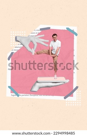 Vertical collage image of black white effect arms fingers hold mini excited guy stand telephone screen isolated on creative beige background