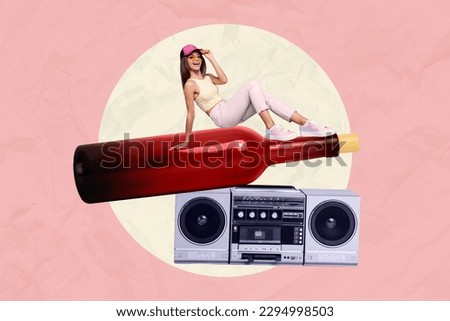 Collage photo picture poster sketch image of beautiful positive lady sitting big bottle have fun chill isolated on painting background