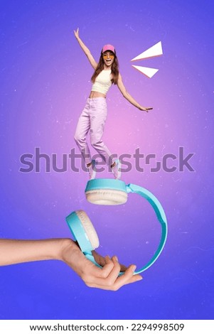 Vertical collage photo picture image poster postcard magazine artwork of happy glad girl dance have fun isolated on painting background