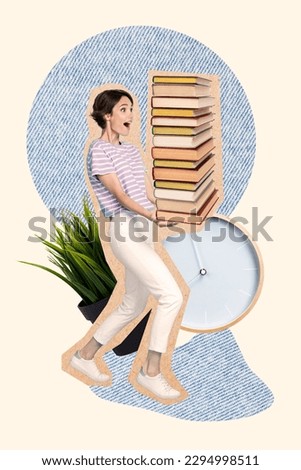 Vertical collage photo picture poster artwork of positive girl carry stack books hurry finish homework isolated on painting background