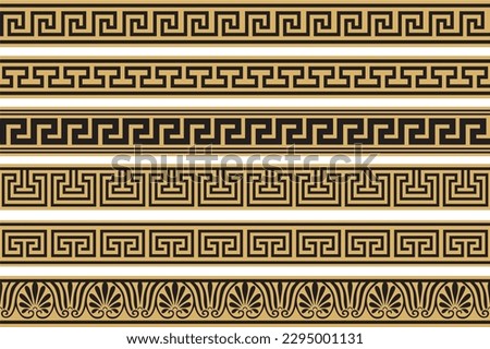 Set of vector seamless greek classic ornament. Pattern for a border and a frame. Ancient Greece and the Roman Empire. Endless golden with black meander.
 Royalty-Free Stock Photo #2295001131