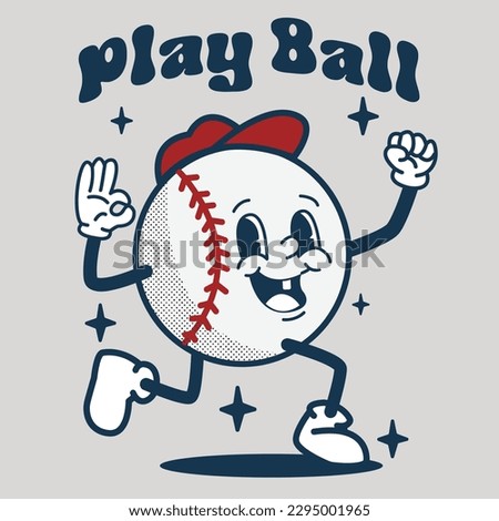 baseball play ball groovy retro mascot character vector illustration. Perfect for logo, poster, banner, icon, clip art, t-shirt, etc