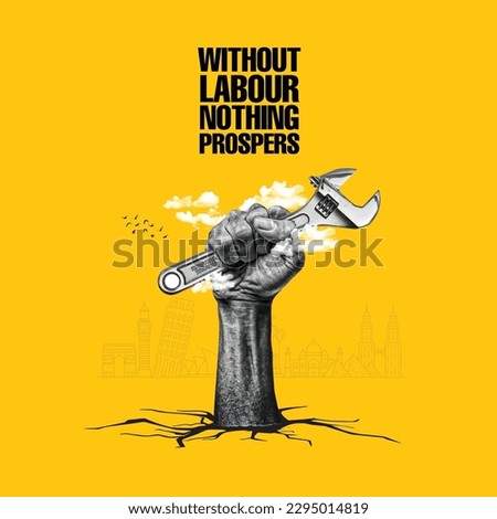 Happy Labour Day concept. A hand holding a wrench. 1st may workers day poster and social media post. Royalty-Free Stock Photo #2295014819