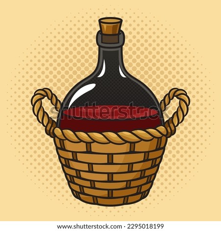 Wine bottle carboy with basket and handle weaving pinup pop art retro vector illustration. Comic book style imitation.