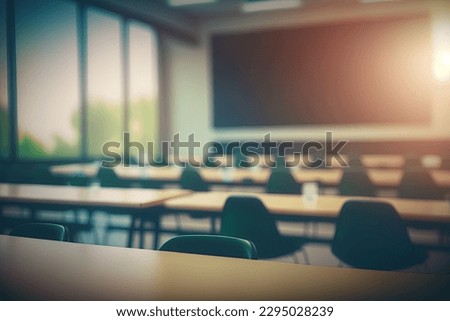 Empty defocused university classroom. Blurred school classroom without students with empty chairs and tables. Business conference room Royalty-Free Stock Photo #2295028239