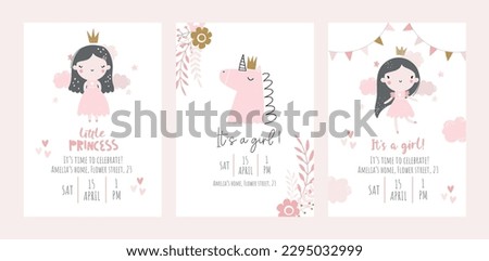 Vector set of baby shower invitation templates. Cute princesses, unicorn, flowers, leaves. Gentle girly pastel birthday invitations. It's a girl. Baby Girl. Happy Birthday kid card. Newborn party. Royalty-Free Stock Photo #2295032999