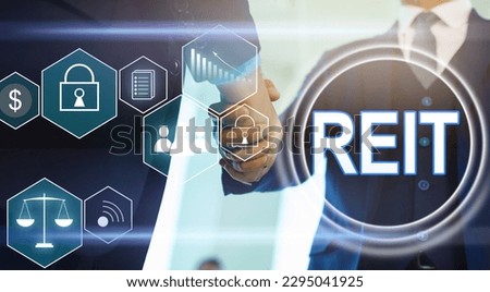 REIT, Real Estate Investment Trust concept, Person hand using smart phone with Real Estate Investment Trust icon on virtual screen