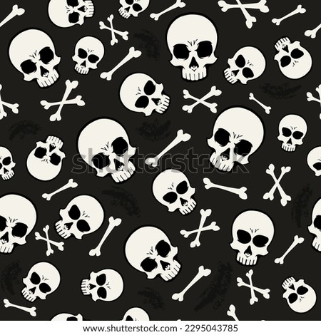 Seamless pattern with skulls and crossbones on a black background. Scary Halloween background for fabric, wrapping paper, wallpaper etc.
