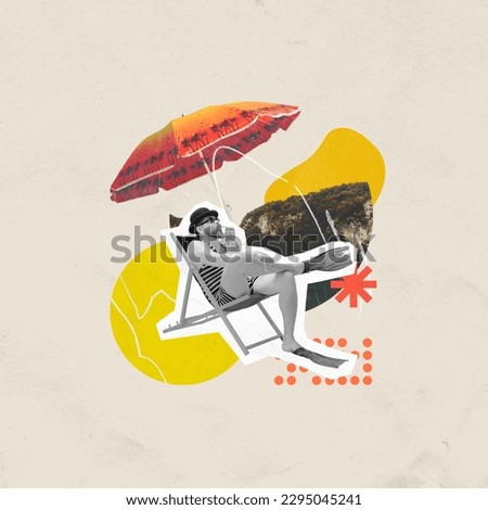 Man in retro striped swimsuit lying under sun umbrella, enjoying his cocktail on warm day at the beach. Contemporary art collage. Concept of summertime holidays, inspiration, travel, vacation, rest