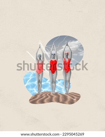 Three young girls in swimsuits standing on warm sand, beach, preparing to swim. Pastel background. Contemporary art collage. Concept of summertime holidays, inspiration, travel, vacation, rest