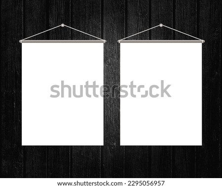Two hanging white blank signs on black wooden boards design template.
        