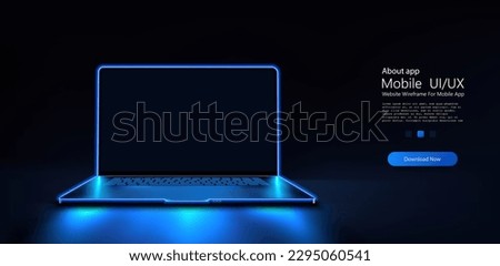 A portable neon computer with a blank screen and a desk in a dark room with blue lighting. Technological background with a laptop. Vector illustration Royalty-Free Stock Photo #2295060541