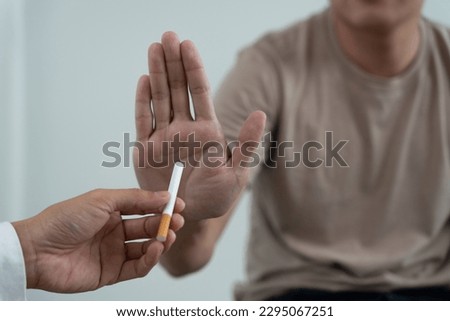 No smoking. Man stop smoke, refuse, reject, break take cigarette, say no. quit smoking for health. world tobacco day. drugs, Lung Cancer, emphysema , Pulmonary disease, narcotic, nicotine effect Royalty-Free Stock Photo #2295067251
