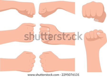 Set of hand gestures in cartoon style. Vector illustration of various greeting hand gestures: friendly fist bump, victory clenched fist isolated on white background. Greeting each other.