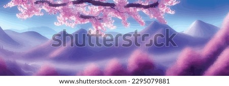 Japanese landscape with sakura trees against the backdrop of mountains and a volcano. beautiful fantasy landscape. vector banner illustration Royalty-Free Stock Photo #2295079881