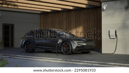 Generic electric vehicle EV hybrid car is being charged from a wallbox near a contemporary modern residential building house Royalty-Free Stock Photo #2295081933