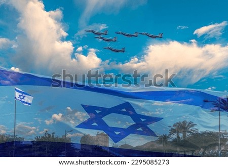 Composite image with State Flag of Israel and overflight military modern fighters over streets in Eilat city during Independence Day 