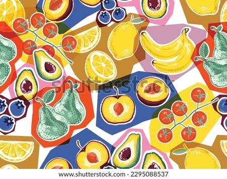 Trendy cute garden Picnic  with Hand drawn mixed summer Fruits Illustration , Vacation Holiday seamless pattern ,Design for fashion , fabric, textile, wallpaper , wrapping and all prints  Royalty-Free Stock Photo #2295088537