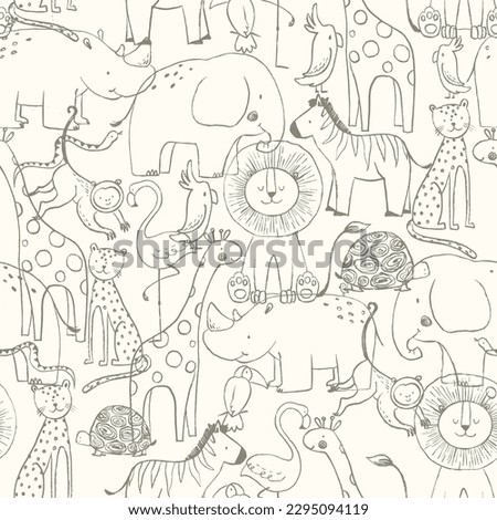 Cute vector african animals, set. Elephant, giraffe, zebra, lion, tiger, toucan. seamless pattern