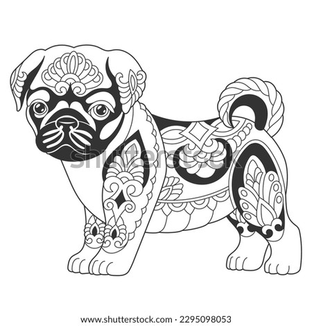 Cute pug dog design. Animal coloring page with mandala and zentangle ornaments