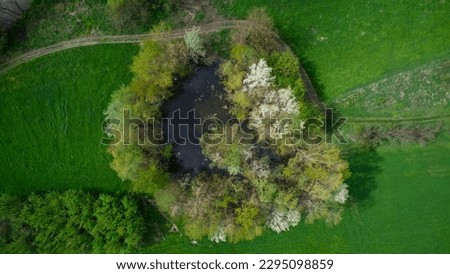 Aerial View of Beautiful Circular Lake in a Green Landscape River Valley
