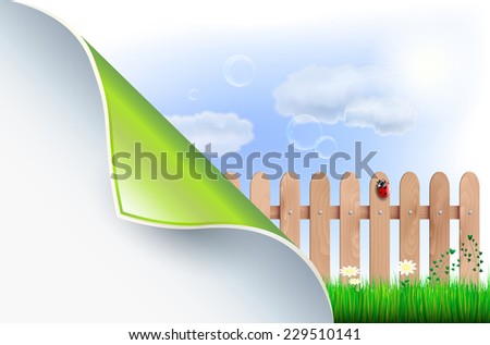Bent paper and spring countryside with wooden fence, grass, flowers, blue sky, clouds and ladybug - vector illustration