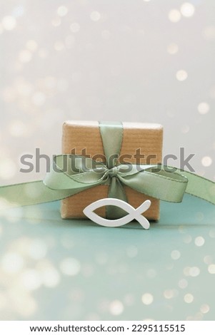 Confirmation, Communion and Baptism Greeting Card with Religious Symbols - Gift Box with fish - Invitations card	