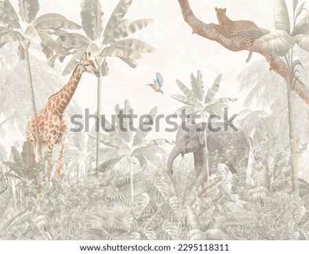 Tropical Trees and safari animals wallpaper design for digital printing - 3D illustration
