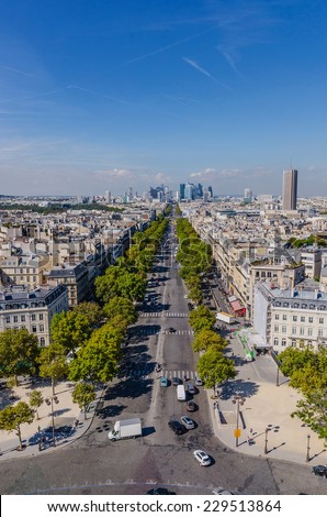 View of Avenue de la Grande Armee and la Defense district  as seen from triumphal arch in Paris