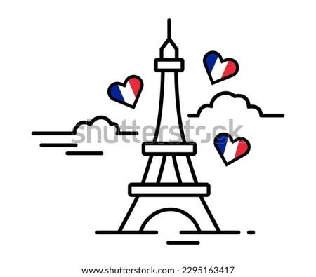 The Eiffel tower hand drawn. minimalist hearts France flag. Abstract building. Vector illustration