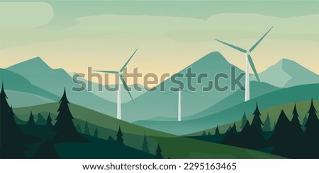 Green energy concept - Silhouette of landscape view of wind power turbine among mountain hill Royalty-Free Stock Photo #2295163465