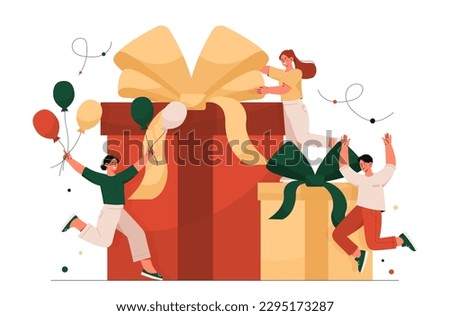 Man and women near gift. Present and surprise, loyalty program. Discounts and promotions, special offer for holidays. New Year, Christmas or Birthday. Cartoon flat vector illustration