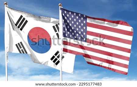 American flag and South Korean flag on cloudy sky. waving in the sky Royalty-Free Stock Photo #2295177483