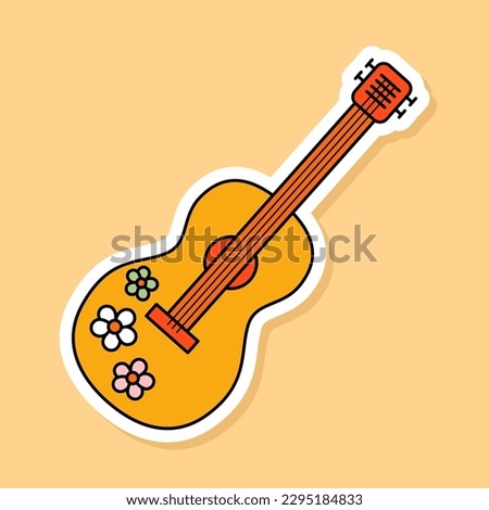 Vector Hippie Guitar sticker isolated on yellow background. 70s style cartoon music instrument with flower pattern on it