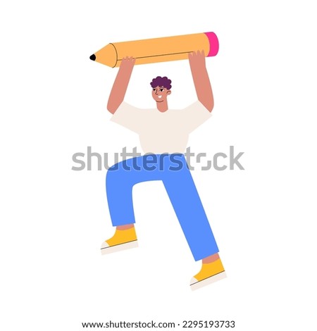 Man standing and holding a pencil. Vector flat illustration on isolated background. Young student character