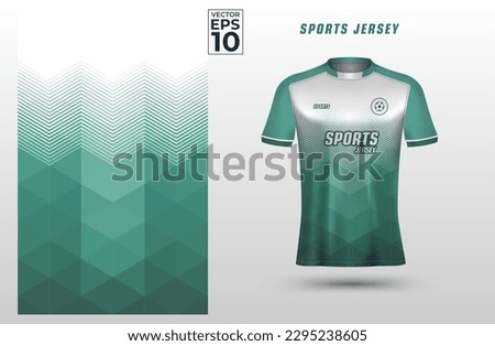Green white t-shirt sport design template with geometric triangles pattern for soccer jersey. Sport uniform in front view. Shirt mock up for sport club. Vector Illustration	 Royalty-Free Stock Photo #2295238605