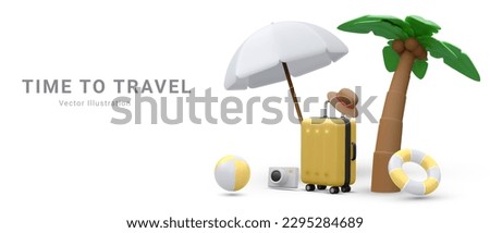 Marketing banner for online travel purchase in 3d realistic style with umbrella, suitcase, life buoy, hat , palm tree ,camera and  bitch ball. Vector illustration Royalty-Free Stock Photo #2295284689