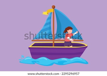 Graphic flat design drawing pretty little girl in sailboat at beach. Happy kids sailing boat at small lake. Children on boat at river. Joyful adventures and travel. Cartoon style vector illustration