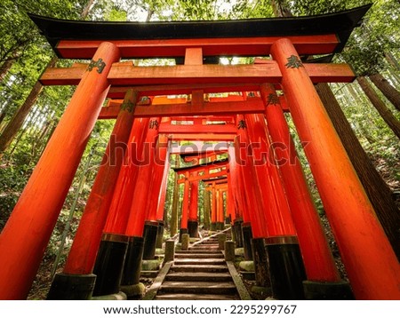 Dramatic view of red gates "Torii", Fushimi Inari Taisha Shrine in Kyoto in Japan, Chinese character in this picture means "dedication". Royalty-Free Stock Photo #2295299767