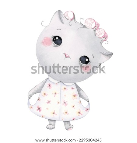 Cute kitty in curlers and a dressing gown. Watercolor hand drawn illustration.