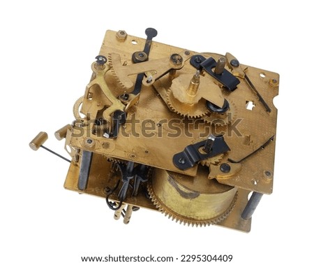 Old vintage wall clock mechanism isolated on white