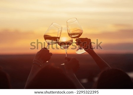 A group of girlfriends raise a toast with glasses of white wine on a sunset. Close shot.	
 Royalty-Free Stock Photo #2295322395
