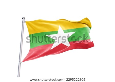 Waving flag of Myanmar in white background. Myanmar flag for independence day. The symbol of the state on wavy fabric. Royalty-Free Stock Photo #2295322905