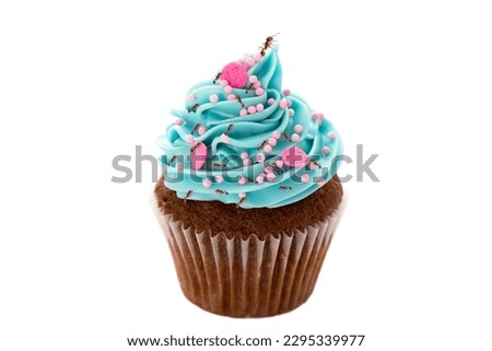 An image of a colorful cupcake with red ants on and walking on the cake and around it on a white background. Suitable for use in food media and advertising media.