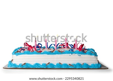 An image of a beautifully colored birthday cake with red ants perching and walking on the cake and around it on a white background. Suitable for use in food media and advertising media.
