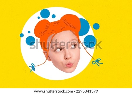 Painted composite design artwork collage of young girl thought pouted lips think curious after hairdress buns isolated on yellow background